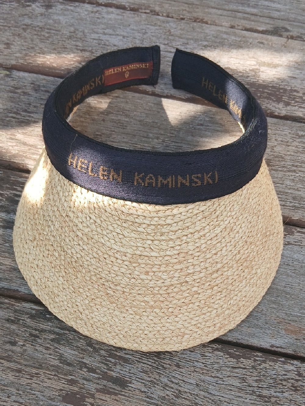 Helen Kaminski Natural Straw Visor with Black Trim and Logo